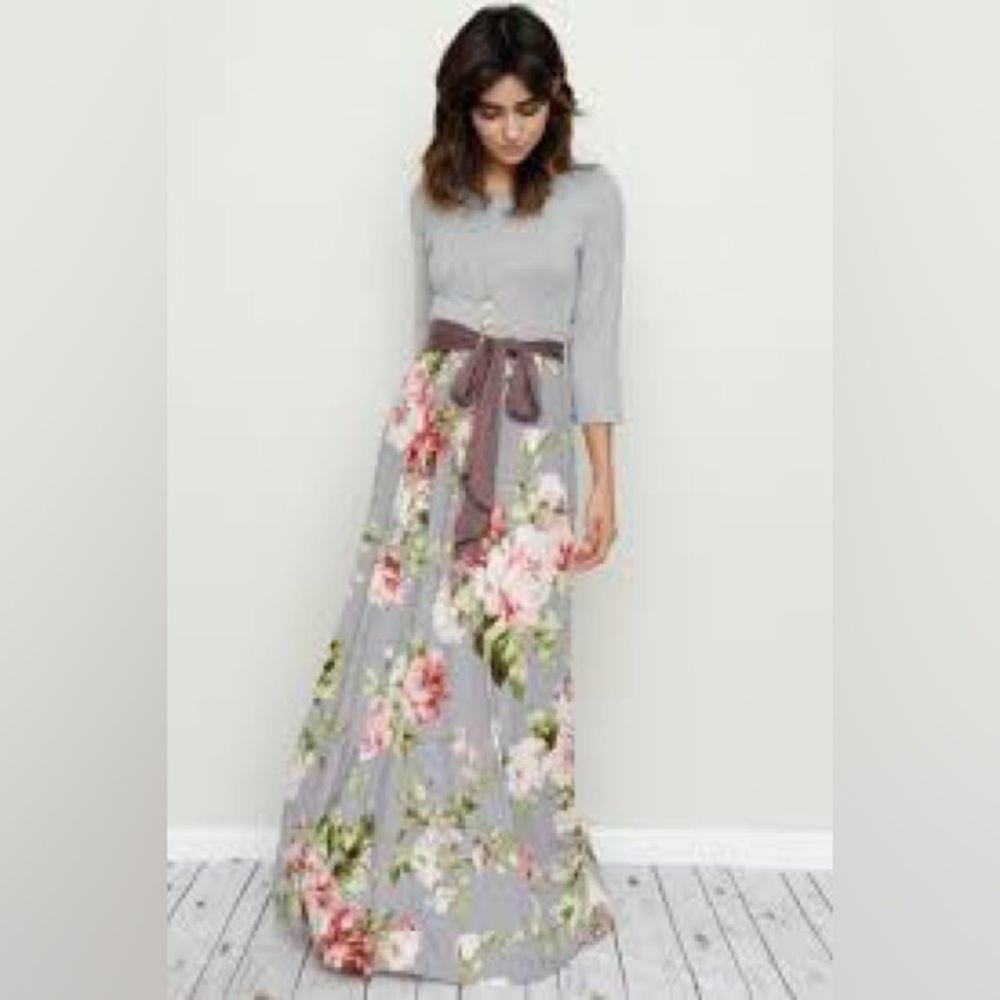 Eggs Long Grey Cotten Maxi Dress with Floral Pattern Size Medium